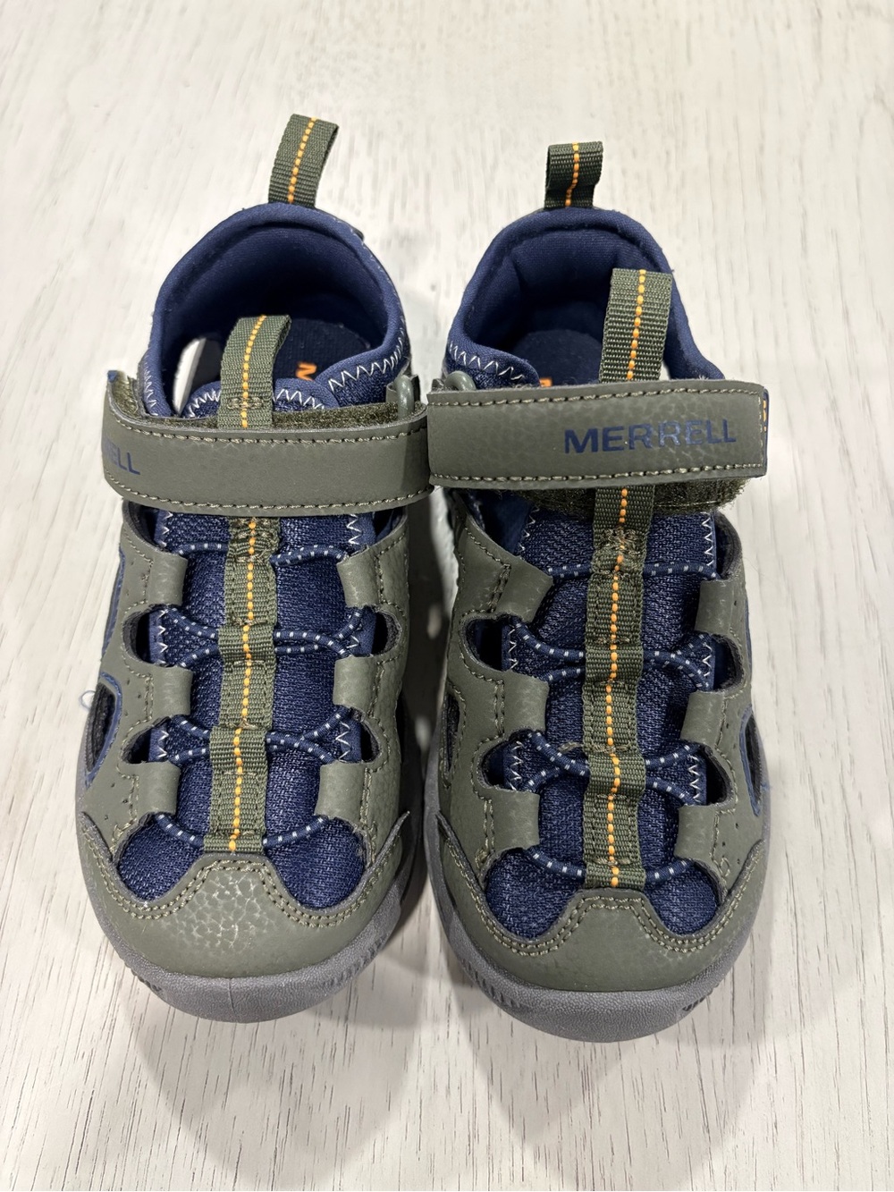 Merrell Kids Olive and Navy Hook-and-Loop Sport Sandals